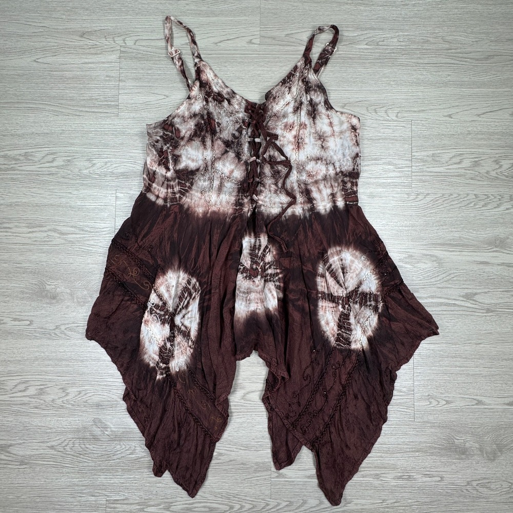 L.S.I. Women's Tunic Top Tie Dye Sharkbite Hem Brown One Plus Boho Lace Up Front